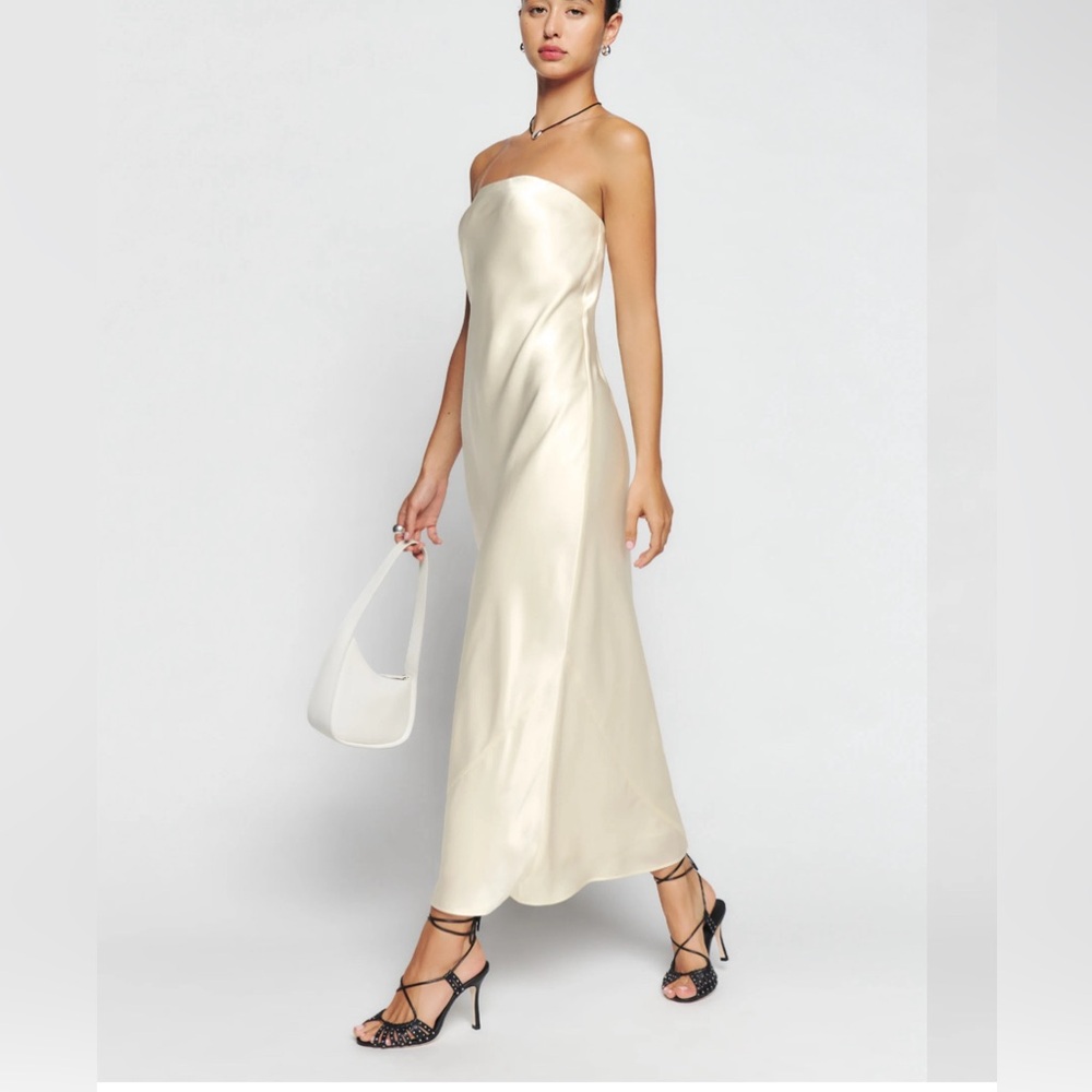 Reformation Strapless Satin Dress in Cream